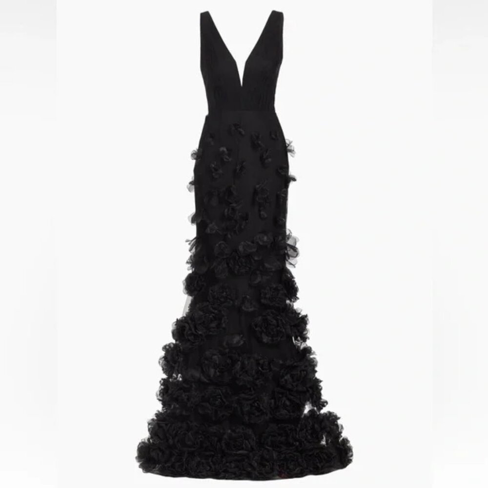 MARCHESA Rosette Appliqué Black Mermaid Evening Gown
